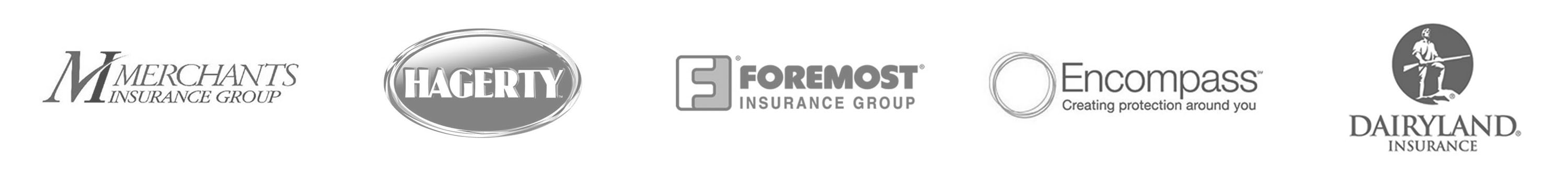 Company logos of Merchants Insurance Group, Hagerty, Foremost Insurance, Encompass, and Dairyland Insurance